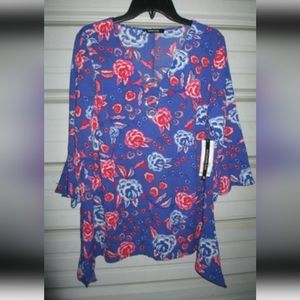 1X Plus Size Womens Blouse top New Blue Floral Dressy Shirt Tunic